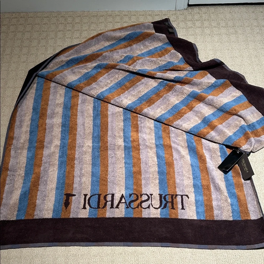 TRUSSARDI Home Bath Sheet Beach Towel Huge! Brown & Blue Stripes Cotton NWT #1